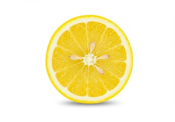 Close-up of a bright yellow lemon slice with seeds, isolated on a clean white background