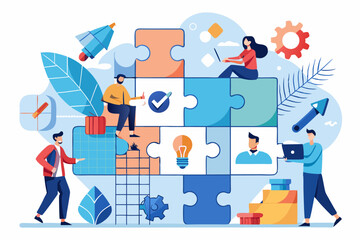 Business teamwork concept illustration featuring a diverse group of professionals discussing strategy in front of a colorful puzzle board with infographic elements like graphs, pie charts, and gears. 