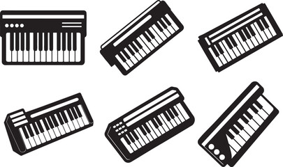 set of keyboard instruments silhouette, black and white silhouette, vector and illustration
