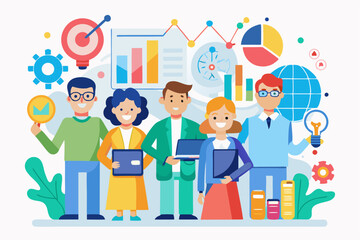 Business teamwork concept illustration featuring a diverse group of professionals discussing strategy in front of a colorful puzzle board with infographic elements like graphs, pie charts, and gears. 