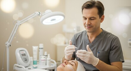 Naklejka premium Professional Dermatologist Administering Facial Treatment Botox, Fillers, and Rejuvenation Procedures