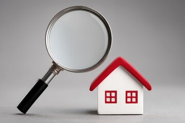 A detailed examination of a miniature house model with a magnifying glass symbolizing real estate scrutiny and the significance of property inspections in a modern housing market