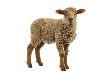 Full body view of a tan lamb with curly wool standing on a white background