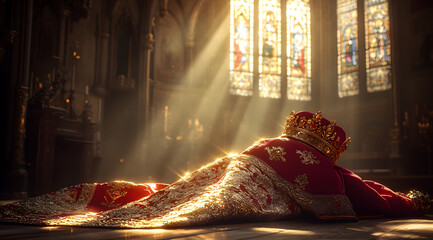 Red bishop mitre and vestment placed on a wooden table inside a grand church, symbolizing preparation before the papal conclave.