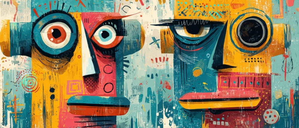 Aufkleber abstract colorful painting of two whimsical faces with bold eyes and geometric shapes, creating a mo