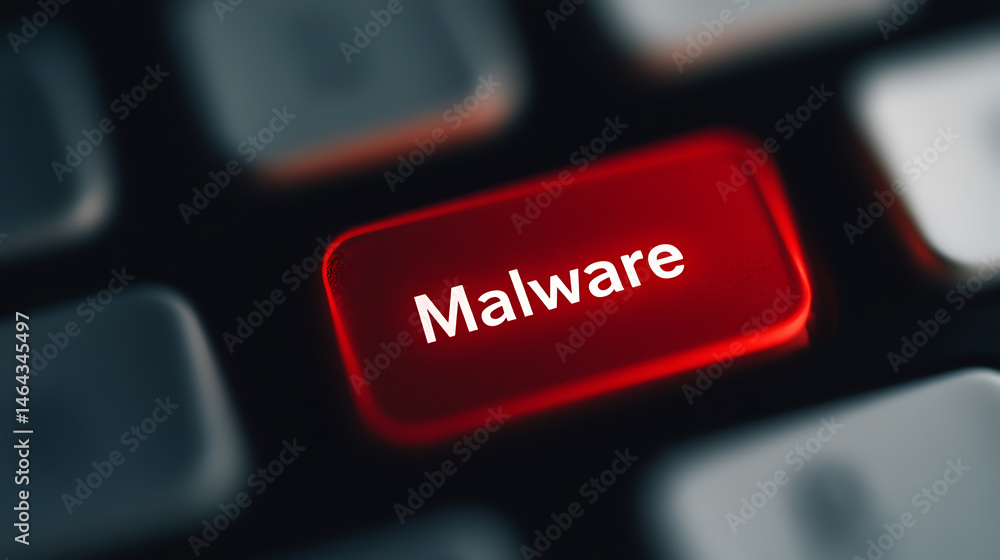 Poster malware alert: close-up of a bright red keyboard key labeled 