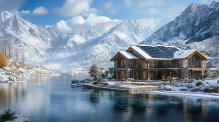 Fototapeta premium Luxury Stone House with Solar Panels in Snowy Mountains