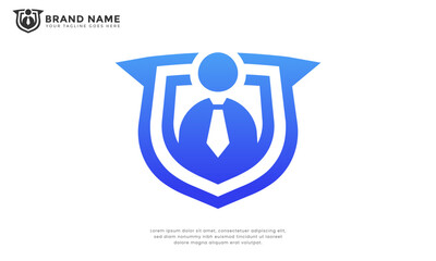 Secure Business Person Logo. Modern logo featuring a stylized person with a tie enclosed within a strong shield. Represents security, trust, and professionalism for businesses services.