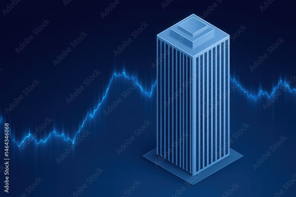 Poster futuristic high-rise building illustration with abstract financial graph background representing mod