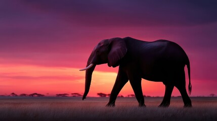 Fototapeta premium Bull elephant silhouetted against sunset sky, profile framed in long lens perspective with rich color tones, 300mm --ar 16:9 --profile pzjkiwy --v 7 Job ID: 6bc6c65d-02ec-4a03-9cfc-59c29fbe6151