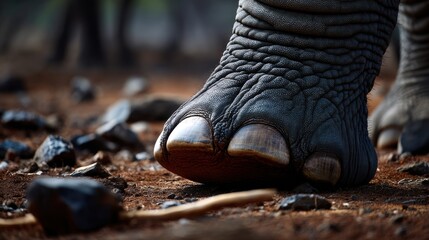 Close view of elephant foot and surrounding ground, soft shadows and texture-rich telephoto shot, 300mm