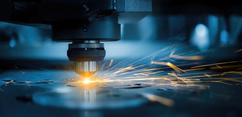 Laser machine, laser-cut stainless steel plate with sparks flying from the tip of its body focus on metal sparks