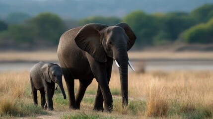 Obraz premium Elephant calf walking beside mother, distant telephoto shot with compressed background and soft sunlight