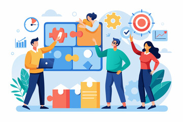 Business teamwork concept illustration featuring a diverse group of professionals discussing strategy in front of a colorful puzzle board with infographic elements like graphs, pie charts, and gears. 