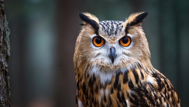 Owl portrait in dark forest looks intently forward, trees blurred in background