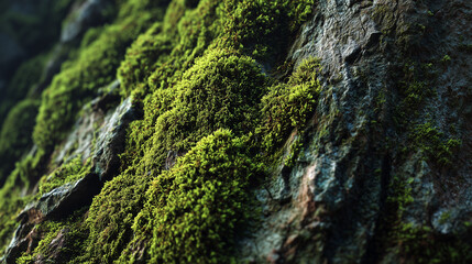 A close-up of a rock surface reveals a captivating display of vibrant green moss, showcasing nature's artistry and the textures of a geological formation.