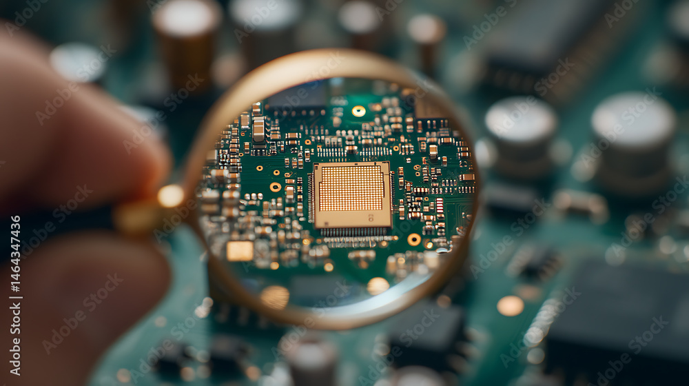 Poster close-up of electronic components on a printed circuit board being examined through a magnifying gla