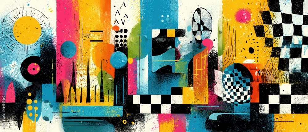 Poster vibrant abstract graffiti art with geometric shapes and bold colors, creating a dynamic and modern a