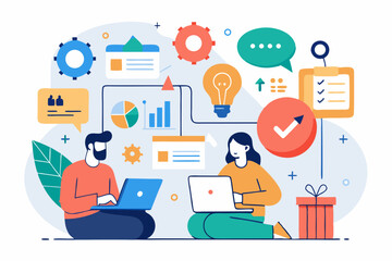 Business teamwork concept illustration featuring a diverse group of professionals discussing strategy in front of a colorful puzzle board with infographic elements like graphs, pie charts, and gears. 