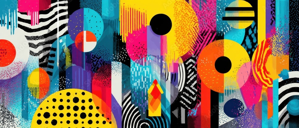 Poster vibrant abstract geometric shapes and patterns in a colorful contemporary design, creating a playful