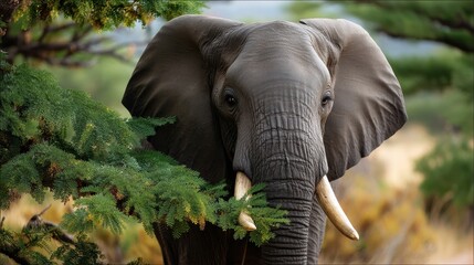 Elephant feeding on acacia tree branches, behavior captured with distant focus and natural habitat