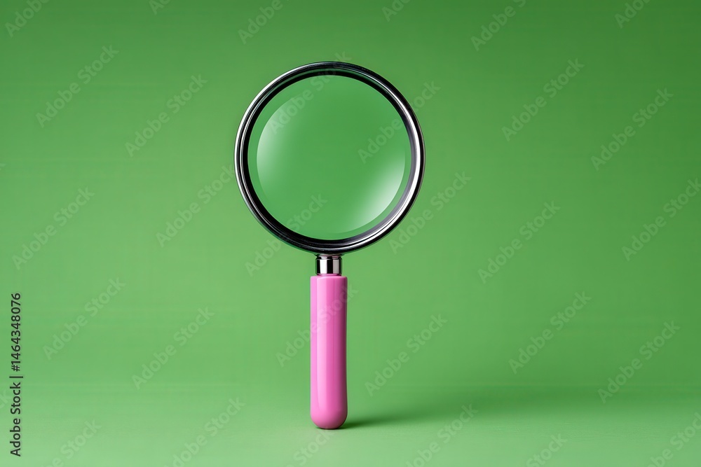 Poster magnifying glass with a pink handle against a vibrant green background representing curiosity explor