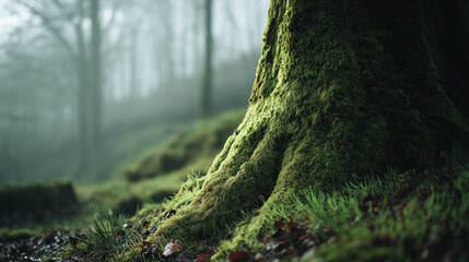 The ancient tree's moss-covered roots firmly grasp the fertile ground, a testament to nature's endurance, with soft mist hanging in the background, conveying a sense of serenity and mystery.