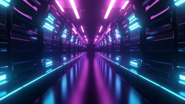 Dark sci-fi corridor illuminated by vibrant pink and blue lights, featuring a sleek, high-tech design perfect for space travel or futuristic interiors.

