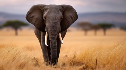 Naklejka premium Majestic African elephant walking through golden savannah, captured from afar with 300mm lens, warm light and soft background