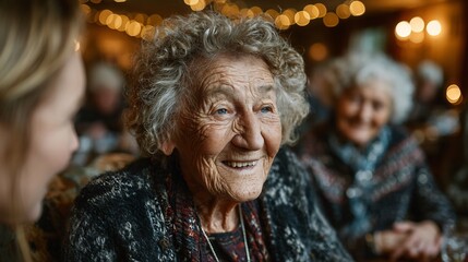 Obraz premium Elderly Woman Smiling with Happy Senior Citizen, and Cozy Gathering.