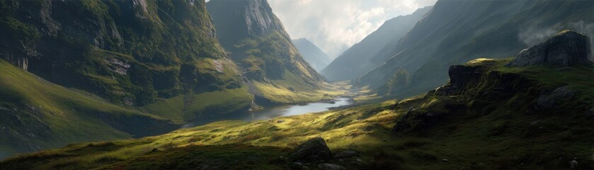 A scenic valley bathed in morning light looks breathtaking