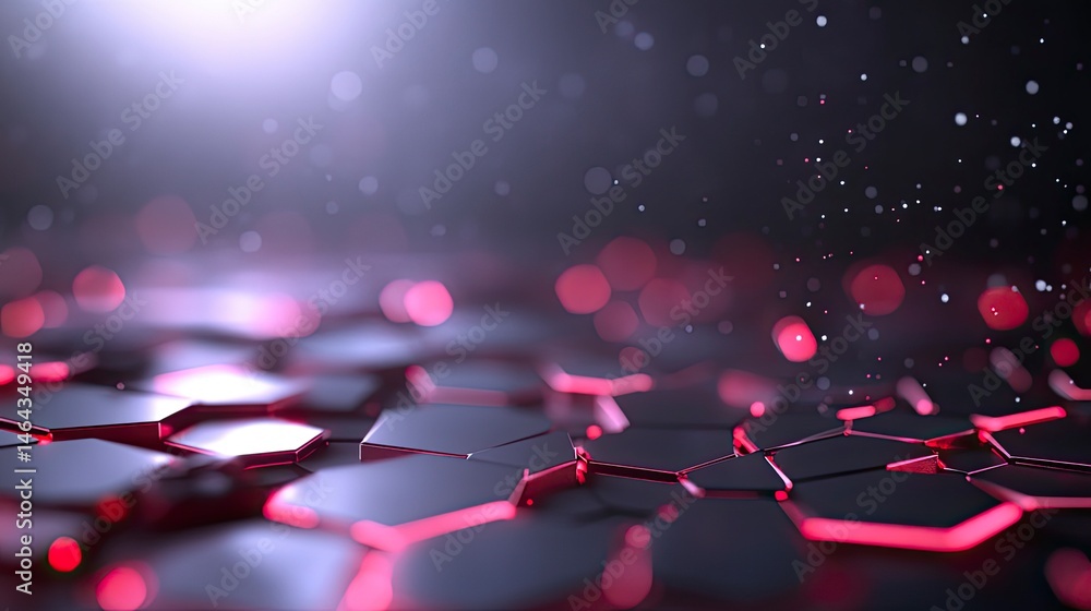 Poster abstract geometric pattern with hexagonal shapes, vibrant red highlights, and a glowing effect