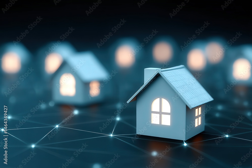 Aufkleber conceptual representation of smart homes with illuminated miniature houses against a dark background