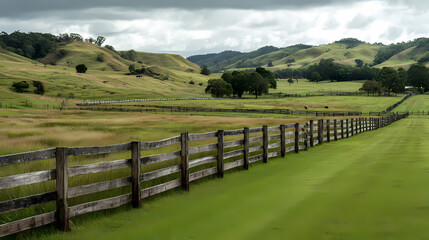Fototapeta premium Admire Paddock Fences Stretching across Verdant Fields Creating Idyllic Rural Landscape Perfect for Horse Enthusiasts