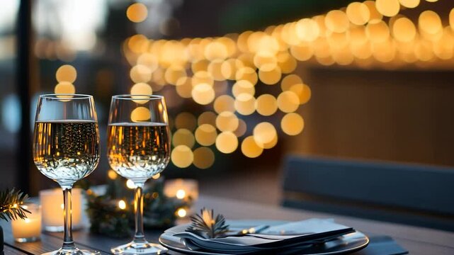 Romantic outdoor dinner setting at dusk. Two glasses of white wine, candles, and a place setting are arranged on a dark wooden table. Warm string lights create a bokeh effect in the background
