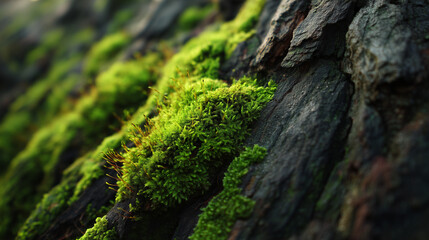 A close-up view showcases a textured bark and vibrant green moss, evoking the feeling of being within a forest and the natural environment, with the image's focus capturing the detail of nature.