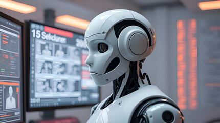 A white humanoid robot in a cybersecurity setting. The robot is sharply focused, surrounded by digital interfaces, Generative Ai