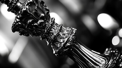 Fototapeta premium Ornate, detailed close-up of a decorative silver candlestick base.