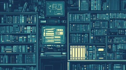 Futuristic library, digital screen, bookshelves, research, data