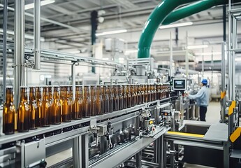 A modern factory interior with a conveyor belt carrying brown glass bottles, surrounded by industrial machinery and pipes.