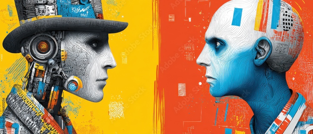 Poster futuristic ai robot and humanoid face to face on colorful background concept of artificial intellige