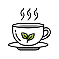 Hot herbal tea in a cup with a leaf design on a minimalist background