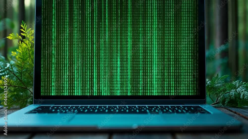 Poster laptop showcasing green binary code on screen amidst nature, merging technology with tranquility and