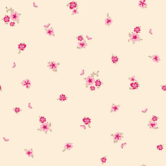 Vector illustration. Delicate seamless pattern of pink flowers on a beige background. Delicate floral pattern, field of flowers, print for fabric, textile, wallpaper, baby clothes