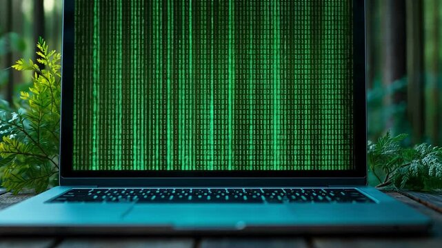 Laptop Showcasing Green Binary Code on Screen Amidst Nature, Merging Technology with Tranquility and Lush Greenery.