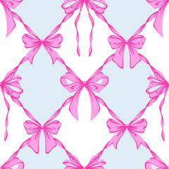 Pink Ribbon Bow Lattice Seamless Pattern. Coquette, Vintage and Romantic checkered pattern on blue with bows. Rococo background for feminine projects, vintage wrapping paper, textiles, Valentines Day