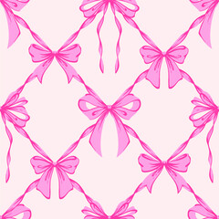 Pink Ribbon Bow Lattice Seamless Pattern. Coquette, Vintage and Romantic checkered pattern with bows. Rococo background for feminine projects, vintage wrapping paper, textiles, and Valentines Day