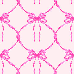 Pink Ribbon Bow Garland Seamless Pattern. Coquette, Vintage and feminine design with hand-drawn garland of pink bows. Rococo aesthetics for romantic background. Fabric prints, gift wrap