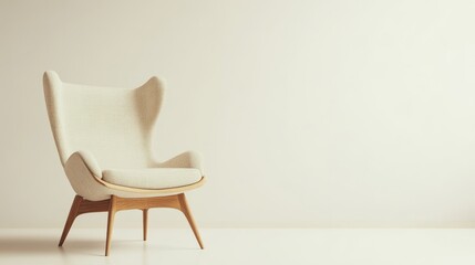 Lounge chair in beige fabric with wooden frame on plain background