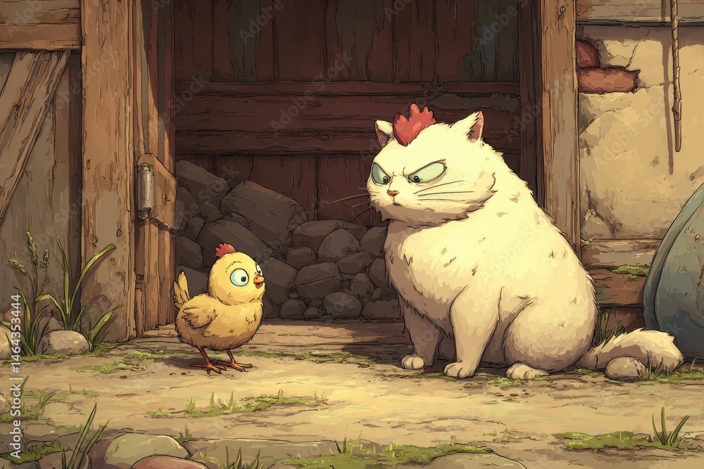 Poster a rustic encounter between a cat and a chick.